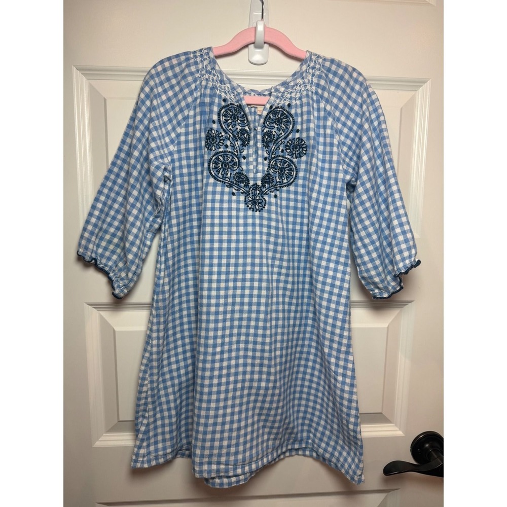 Pink Chicken Girls Blue Gingham Embroidered Smocked Cotton Dress Size 7